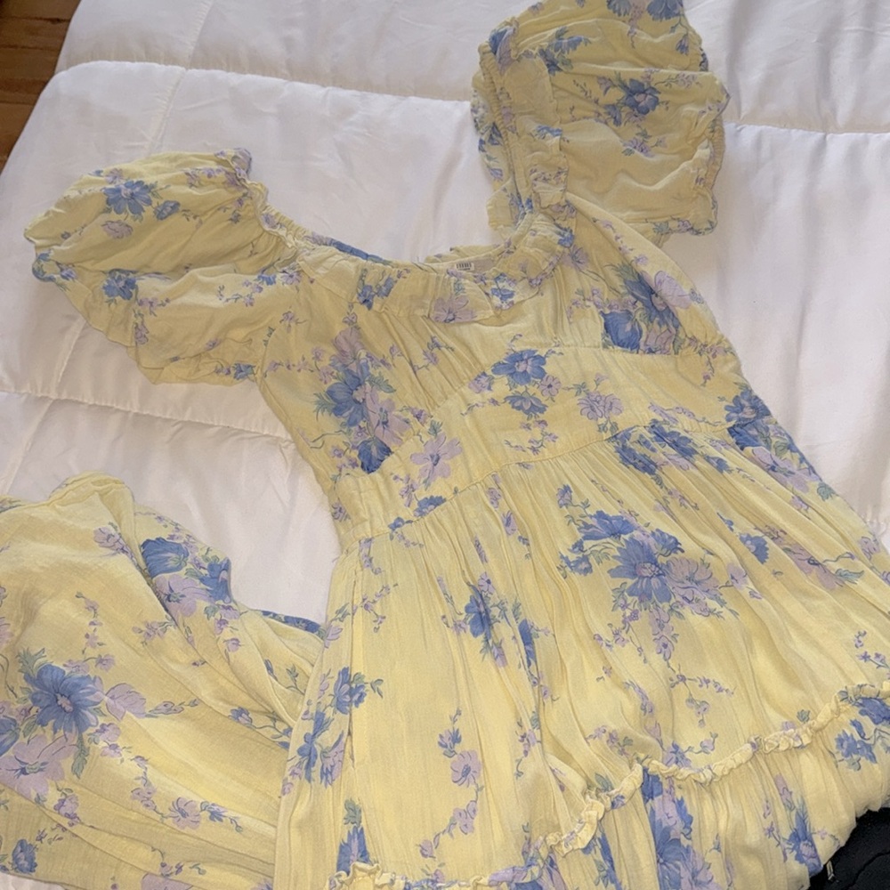 LoveShackFancy Emory Yellow Dress- Puff sleeve milkmaid midi dress - Picture 6 of 7